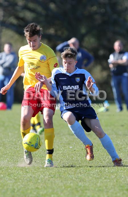 Football action Greenfields v Moordown U16's at King George V playing fields in Ferndown