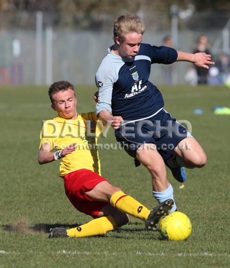 Football action Greenfields v Moordown U16's at King George V playing fields in Ferndown