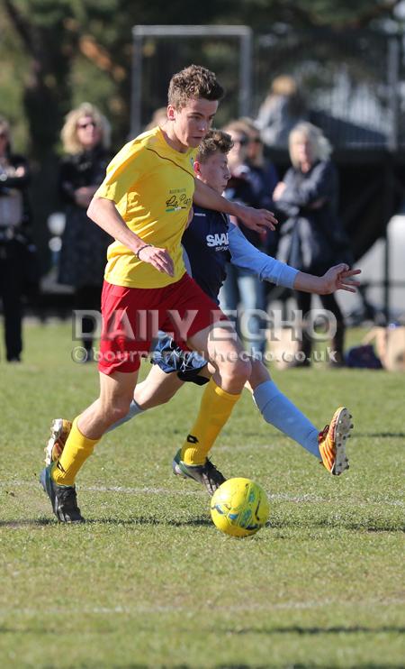 Football action Greenfields v Moordown U16's at King George V playing fields in Ferndown