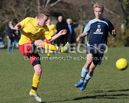 Football action Greenfields v Moordown U16's at King George V playing fields in Ferndown