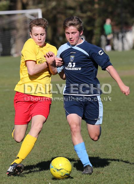 Football action Greenfields v Moordown U16's at King George V playing fields in Ferndown