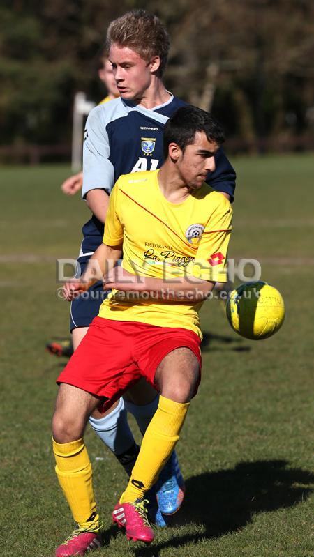 Football action Greenfields v Moordown U16's at King George V playing fields in Ferndown