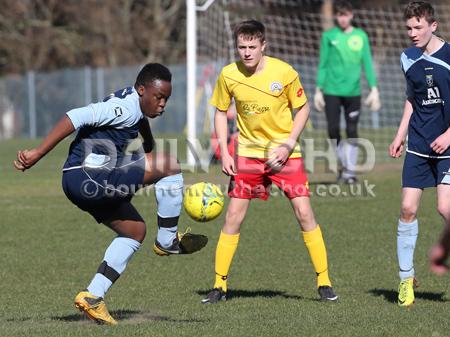 Football action Greenfields v Moordown U16's at King George V playing fields in Ferndown