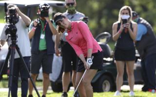 Georgia Hall, of England, hits a chip shot on the second hole of a sudden-death playoff during the final round of the LPGA Cambia Portland Classic golf tournament in Portland, Ore., Sunday, Sept. 20, 2020. Hall later won over South Africa's Ashleigh