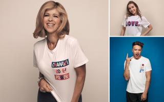 Kate Garraway, Rose Ayling-Ellis and Roman Kemp sporting the T-shirts for Comic Relief (PA)