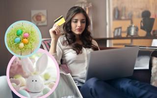 (Background) A woman shopping online. (Circles) Easter eggs and an Easter Bunny (Canva)