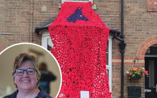 Woollen poppy display on Monmouth Road in Dorchester