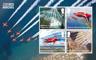 The eight stamps feature the Red Arrows' trademark red, white and blue trails in the sky.