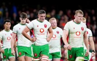 Wales’ players show their dejection after conceding a try during the Autumn International match at the Principality Stadium, Cardiff. Picture date: Saturday November 23, 2024.