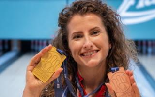 Verity Crawley with her gold and bronze medals