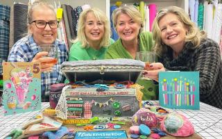 Haberdasherdo team with the sewing box inspired cake- L-R: Tracey, Helen, Jane, Ali, for the businesses fifth anniversary