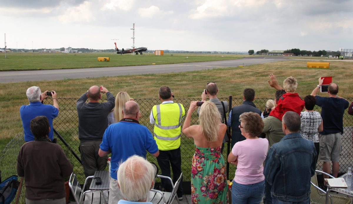 The world's two airworthy Lancasters fly in to Bournemouth Airport. Photos by Richard Crease. 