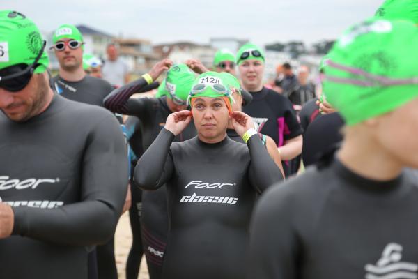 Swimmers taking part in the Poole Open Water swim  off  Sandbanks beach.