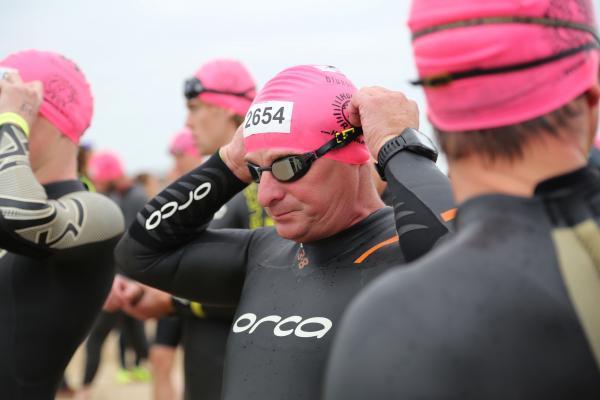 Swimmers taking part in the Poole Open Water swim  off  Sandbanks beach.