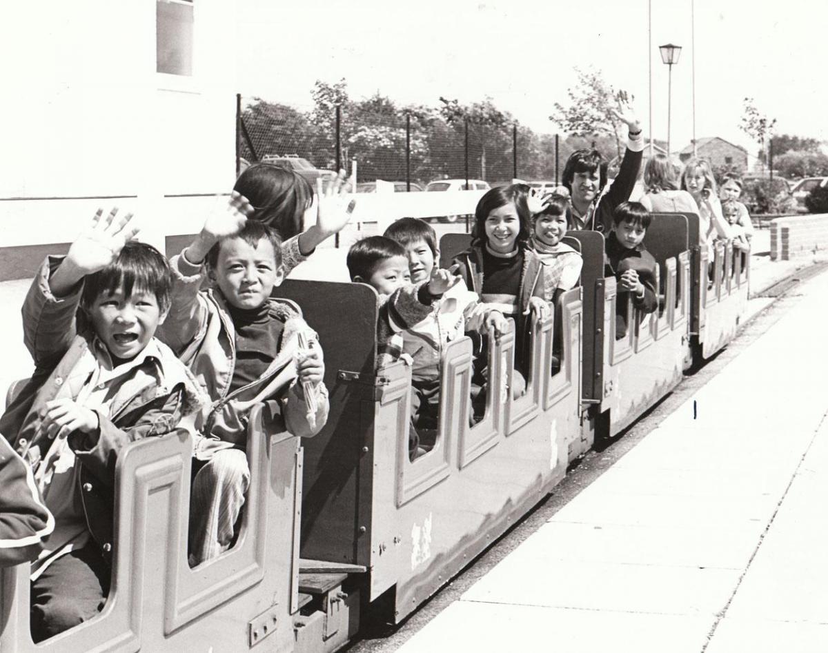 A hundred refugee children from Sopley camp spent an afternoon in June 1979 at Tucktonia with famous disc jockey Ed Stewart. Copyright: Armit