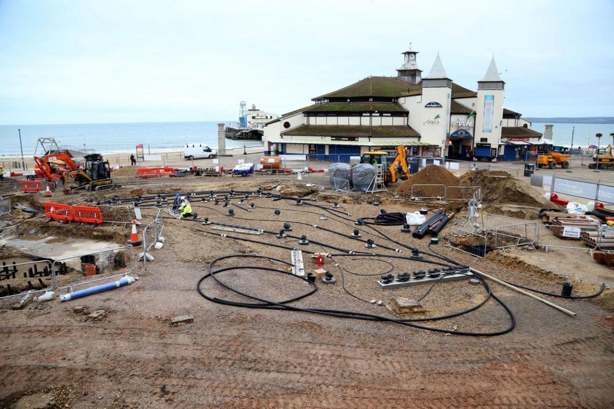 Work being carried out on the new seafront and tourism information kiosk and water play features between November 2014 and April 2015. 