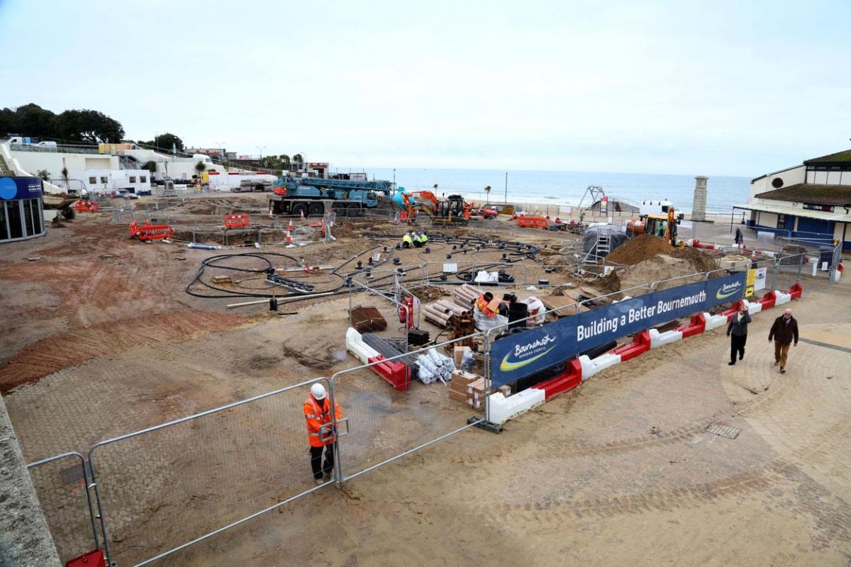 Work being carried out on the new seafront and tourism information kiosk and water play features between November 2014 and April 2015. 