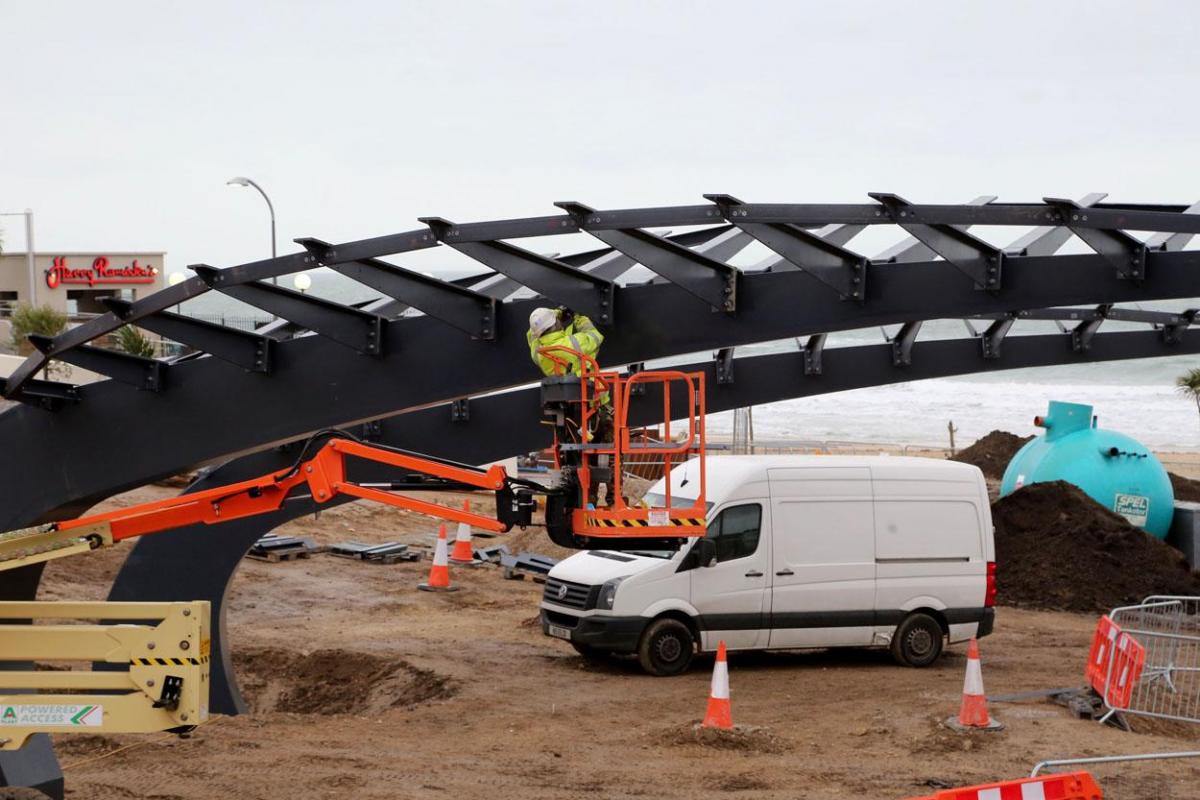 Work being carried out on the new seafront and tourism information kiosk and water play features between November 2014 and April 2015. 