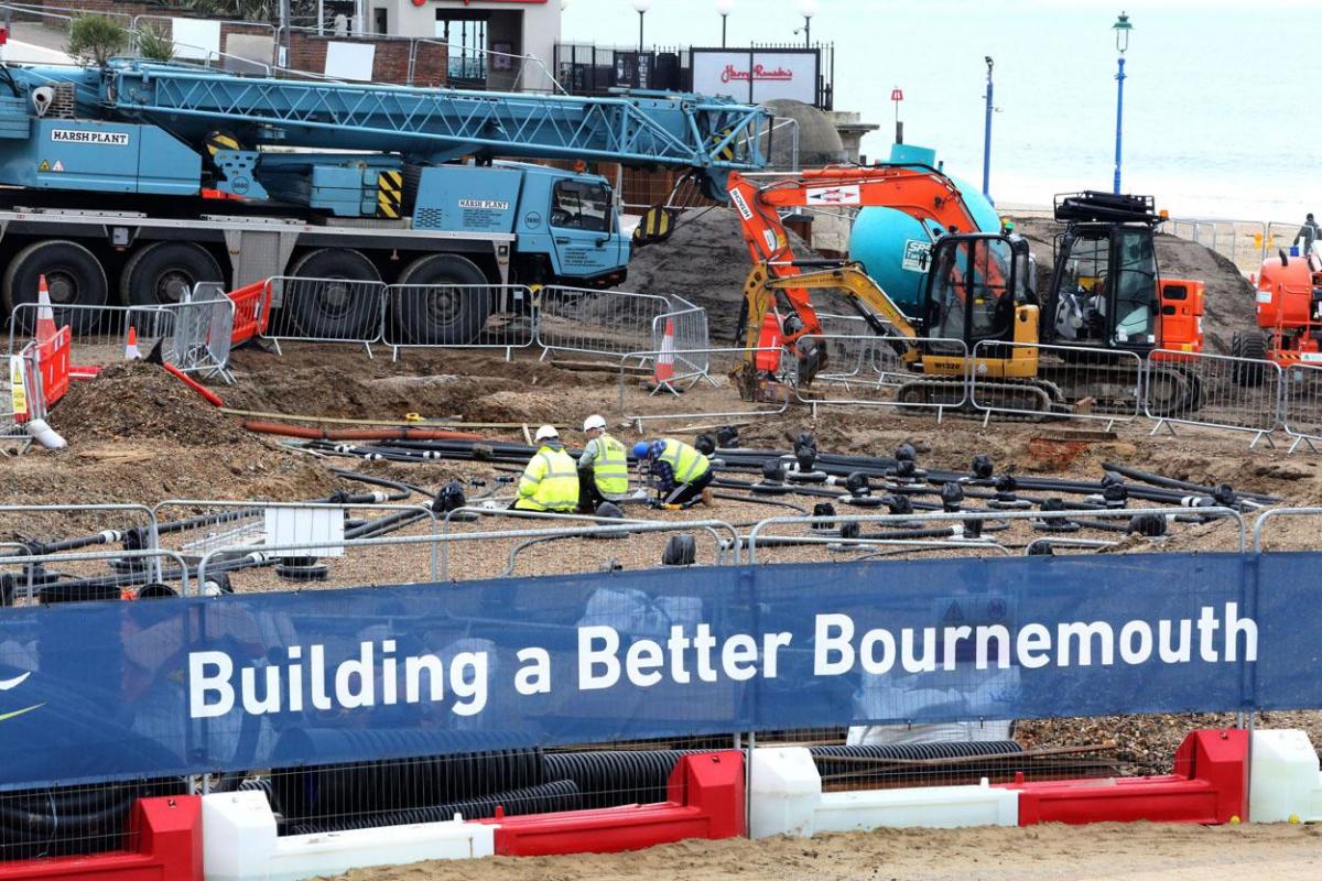 Work being carried out on the new seafront and tourism information kiosk and water play features between November 2014 and April 2015. 