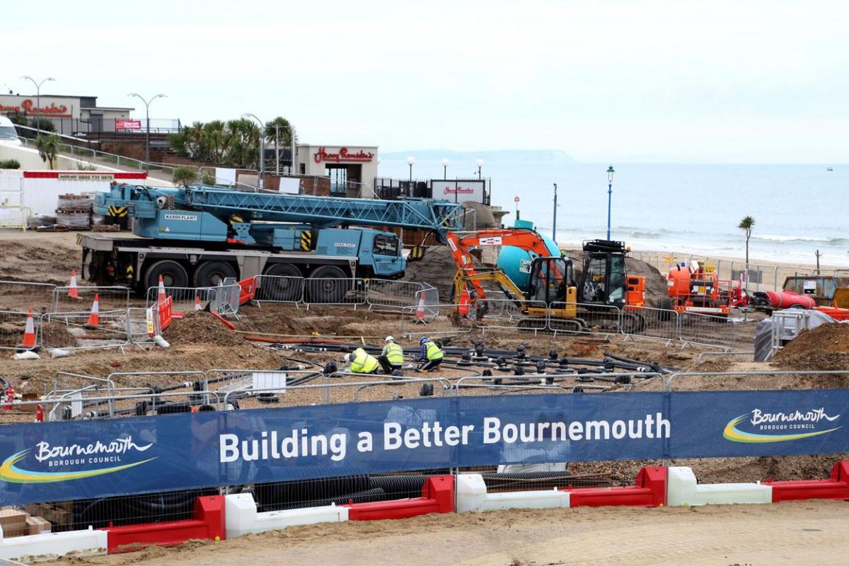 Work being carried out on the new seafront and tourism information kiosk and water play features between November 2014 and April 2015. 