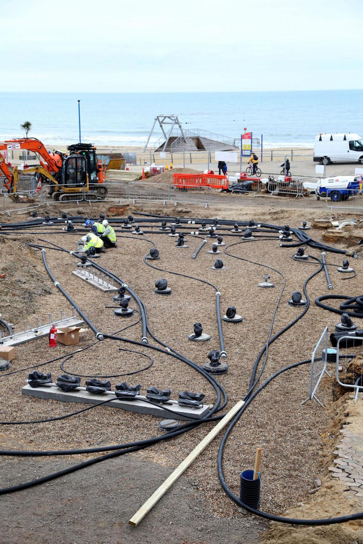 Work being carried out on the new seafront and tourism information kiosk and water play features between November 2014 and April 2015. 