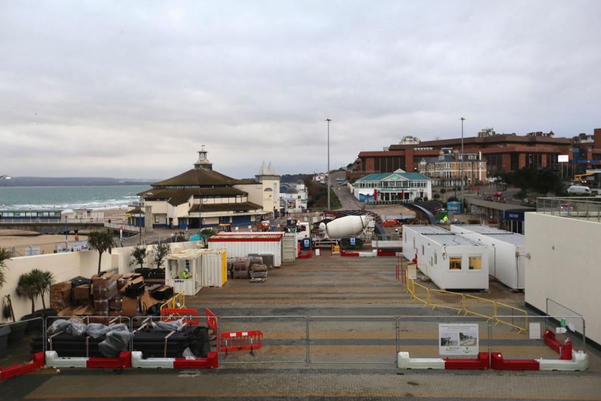 Work being carried out on the new seafront and tourism information kiosk and water play features between November 2014 and April 2015. 