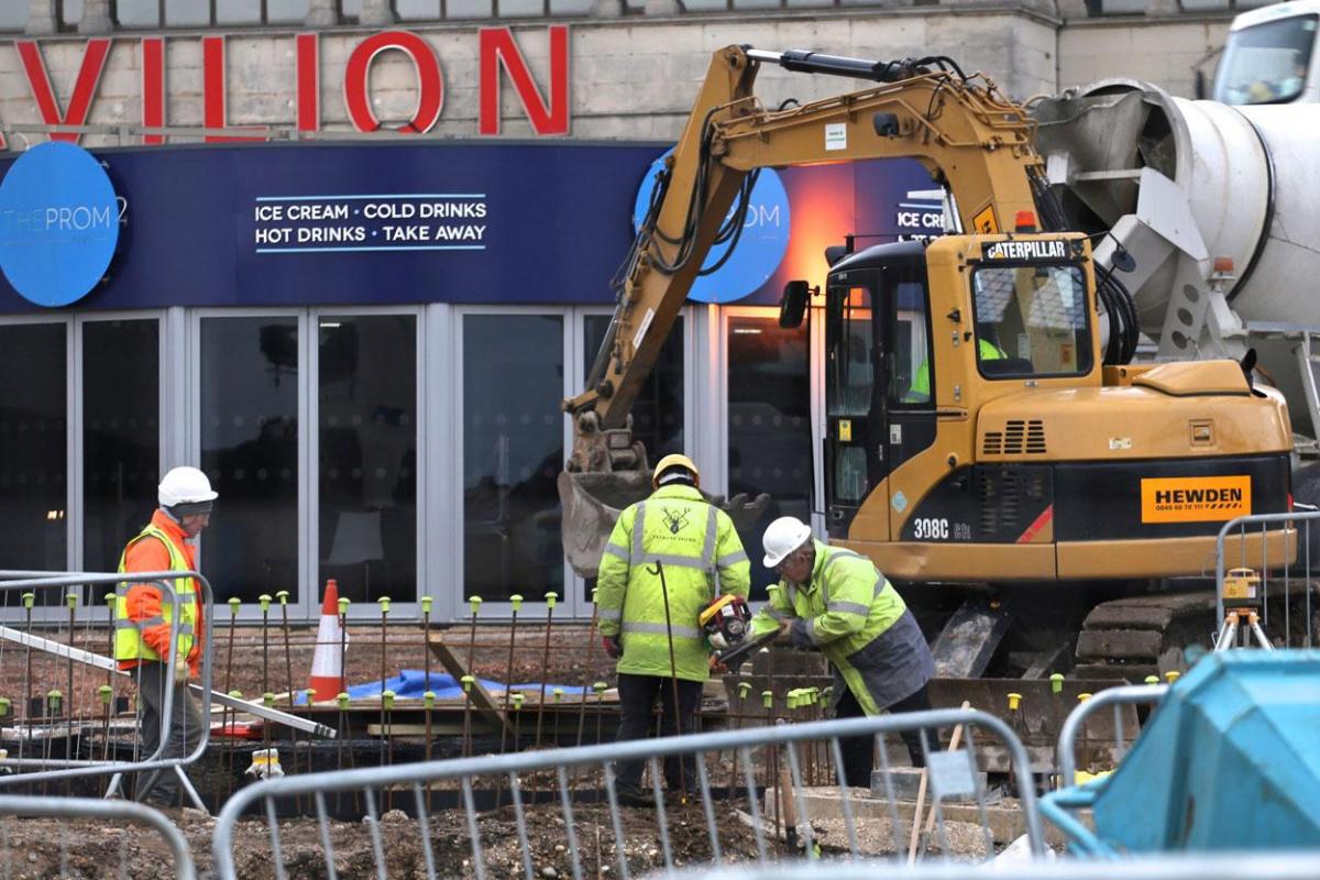 Work being carried out on the new seafront and tourism information kiosk and water play features between November 2014 and April 2015. 