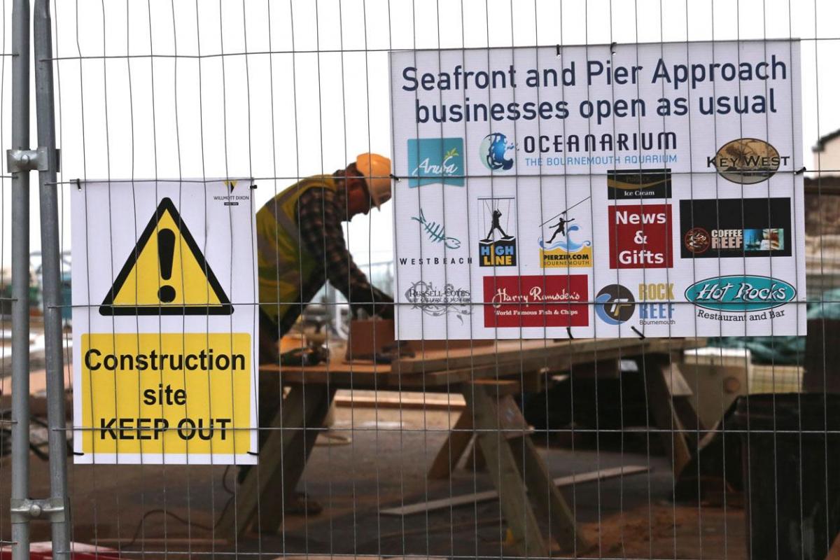 Work being carried out on the new seafront and tourism information kiosk and water play features between November 2014 and April 2015. 