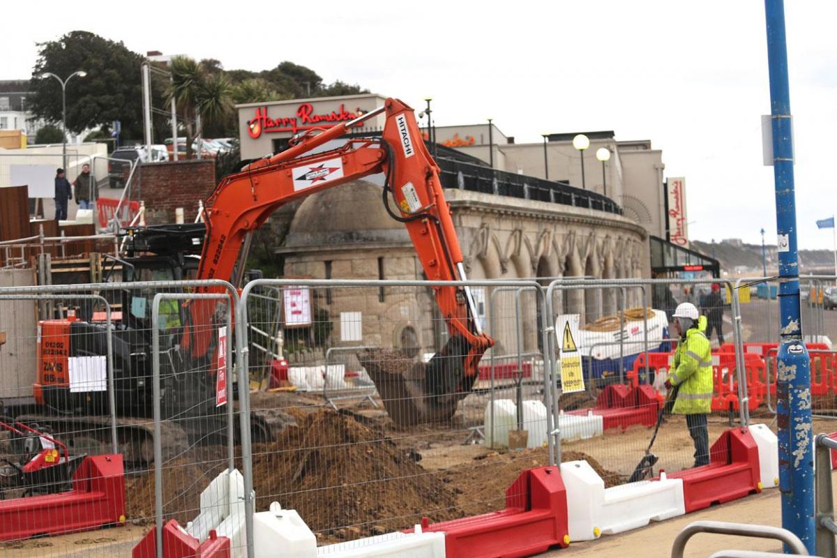 Work being carried out on the new seafront and tourism information kiosk and water play features between November 2014 and April 2015. 