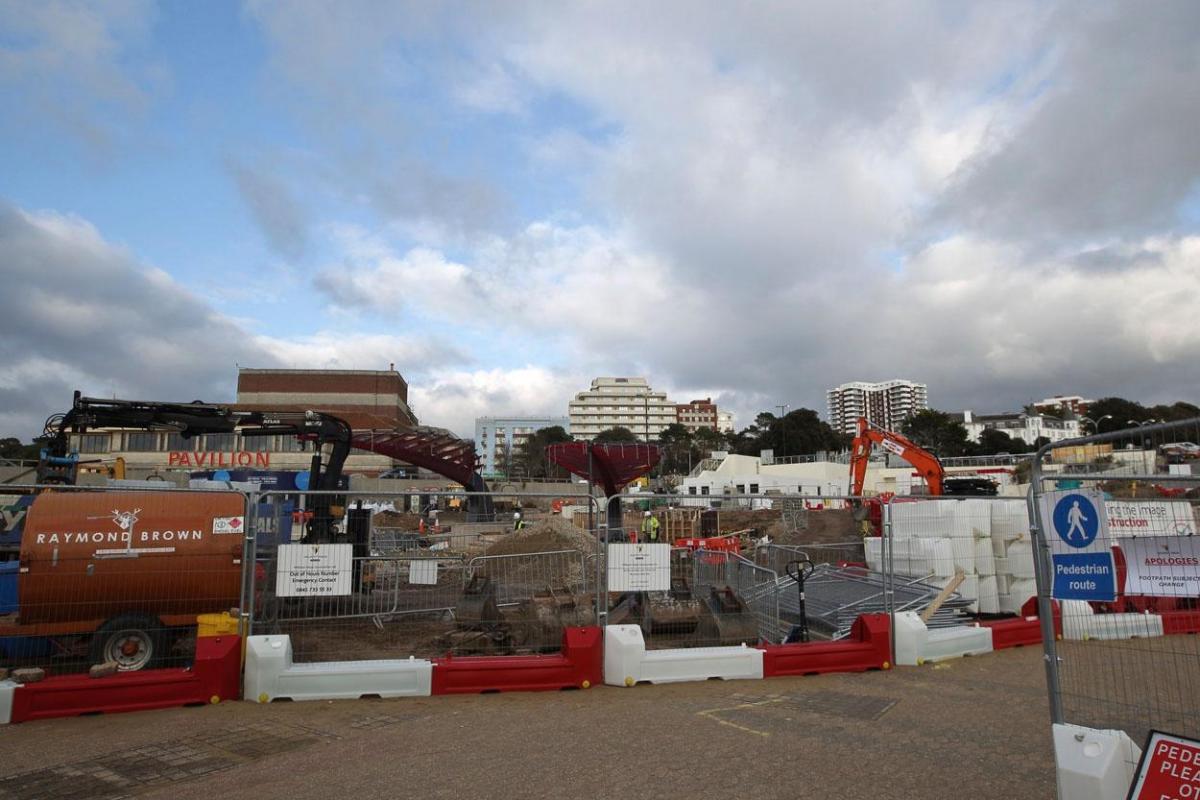 Work being carried out on the new seafront and tourism information kiosk and water play features between November 2014 and April 2015. 