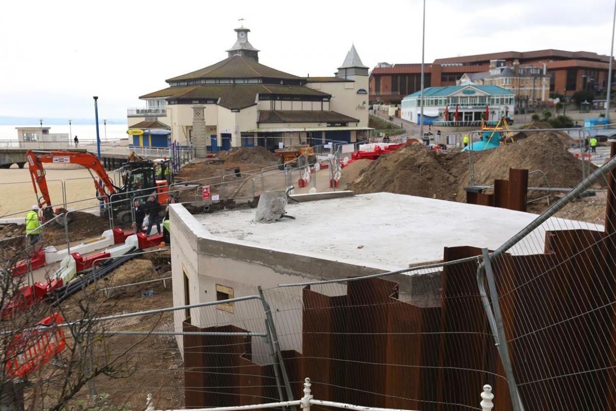 Work being carried out on the new seafront and tourism information kiosk and water play features between November 2014 and April 2015. 