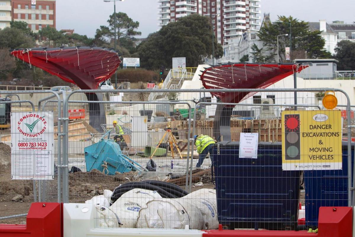 Work being carried out on the new seafront and tourism information kiosk and water play features between November 2014 and April 2015. 