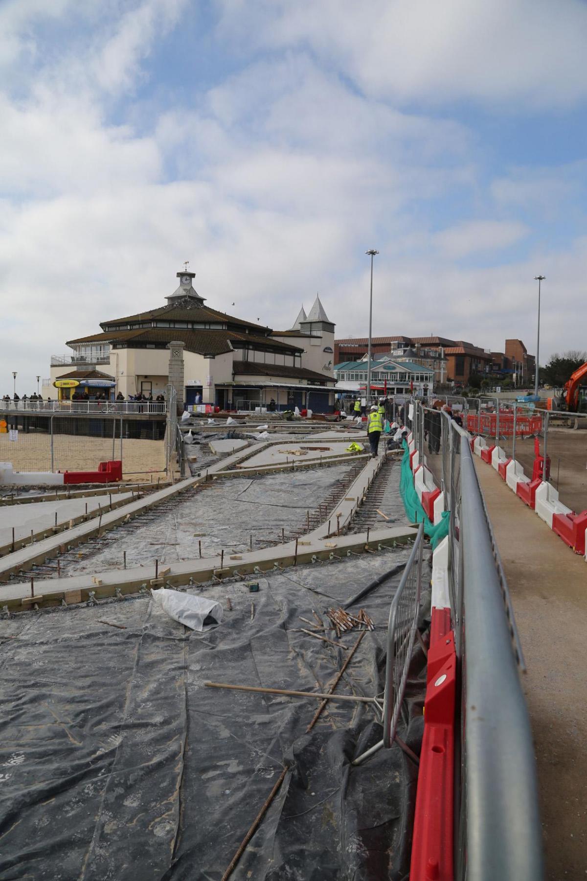 Work being carried out on the new seafront and tourism information kiosk and water play features between November 2014 and April 2015. 