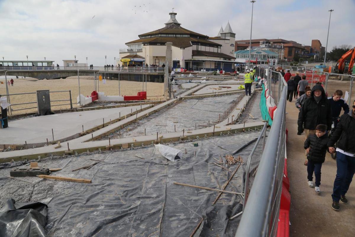 Work being carried out on the new seafront and tourism information kiosk and water play features between November 2014 and April 2015. 