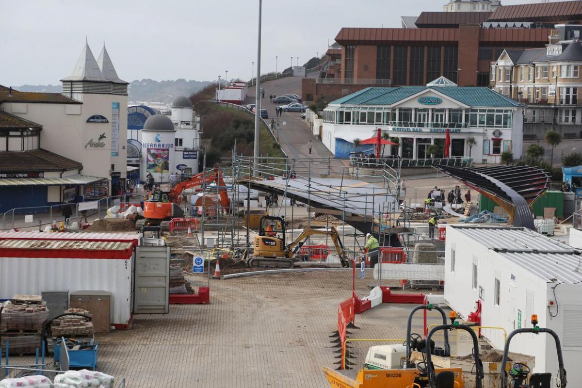 Work being carried out on the new seafront and tourism information kiosk and water play features between November 2014 and April 2015. 