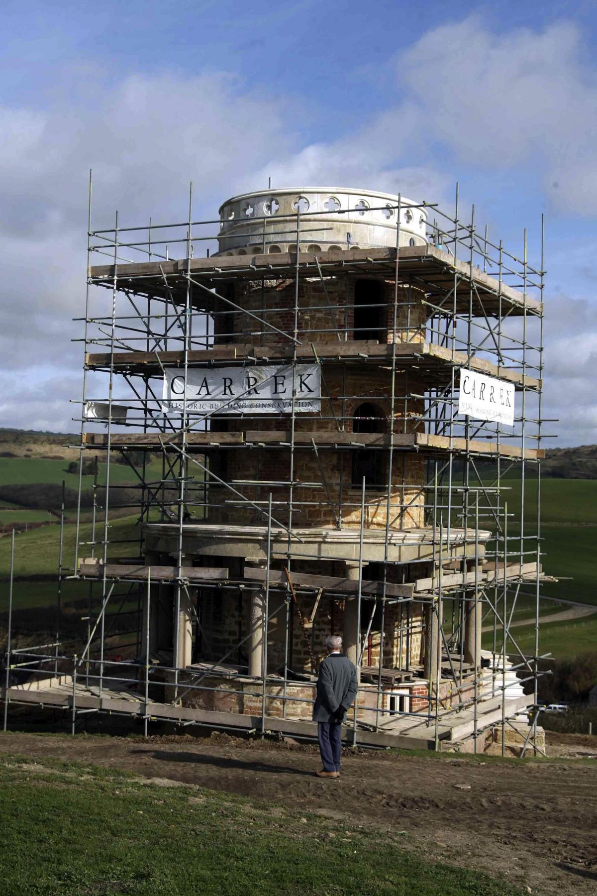 Pictures of Clavell Tower before and after it was rebuilt at Kimmeridge 