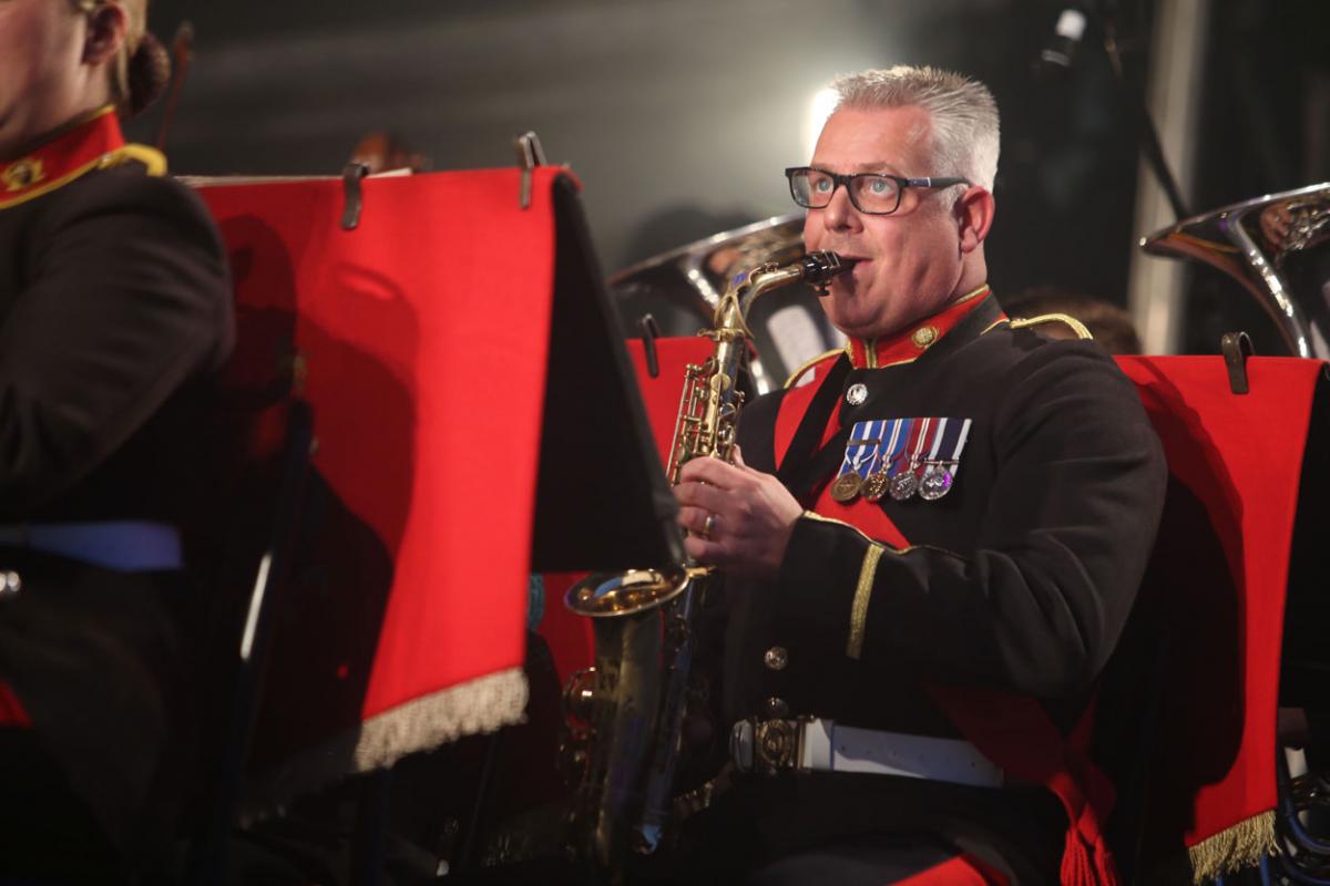 The HM Royal Marine's Band Collingwood perform at Boscombe Pier as part of the Night Air for Bournemouth Air Festival. 
