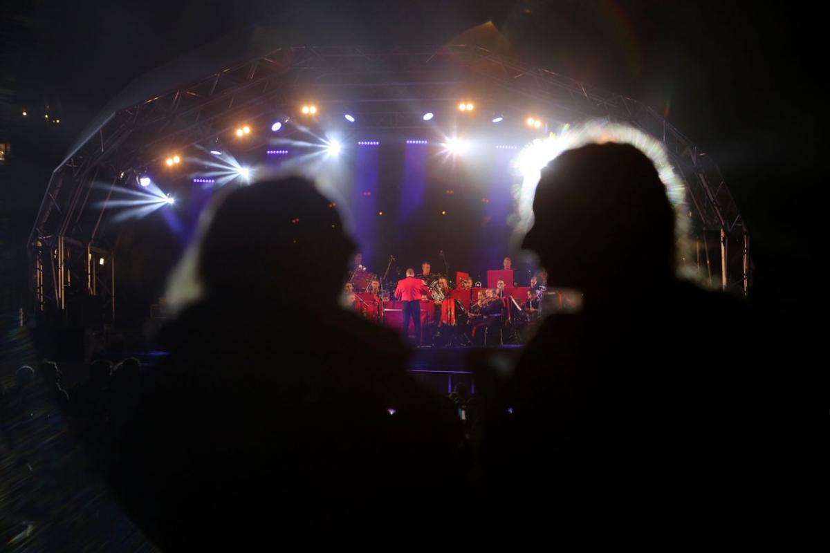 The HM Royal Marine's Band Collingwood perform at Boscombe Pier as part of the Night Air for Bournemouth Air Festival. 
