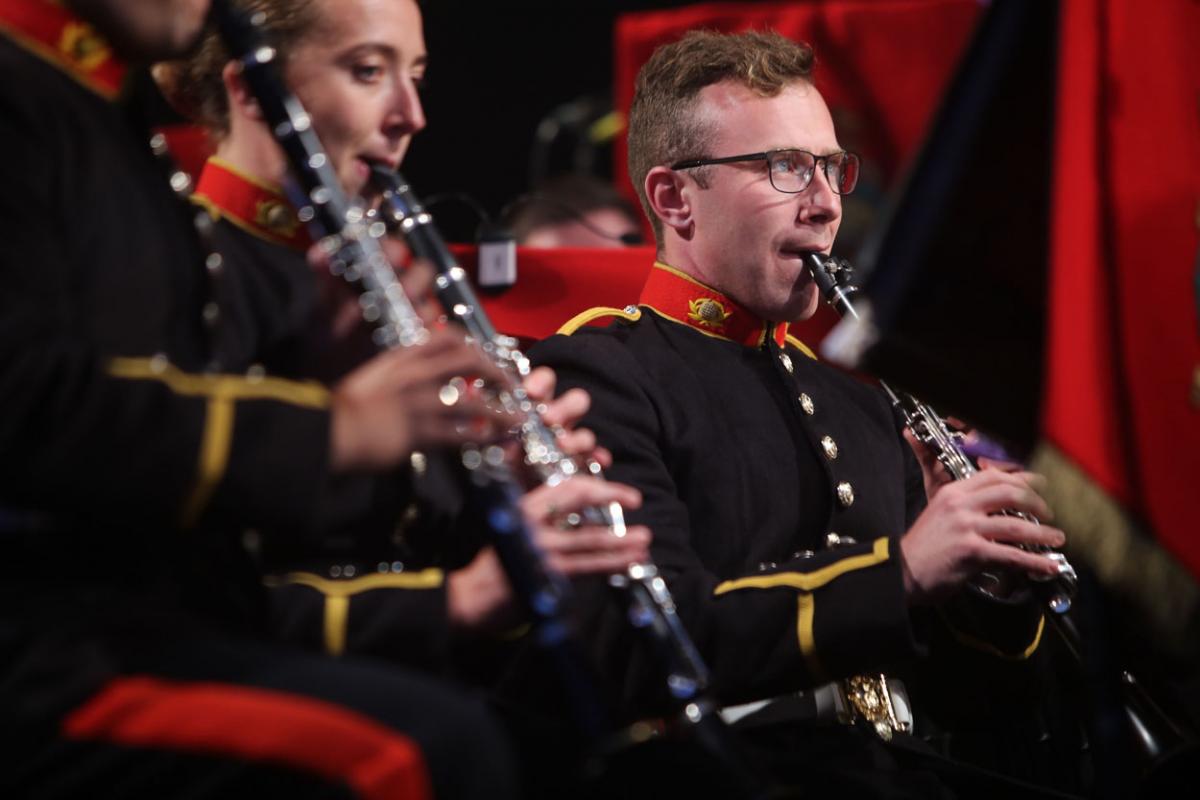 The HM Royal Marine's Band Collingwood perform at Boscombe Pier as part of the Night Air for Bournemouth Air Festival. 
