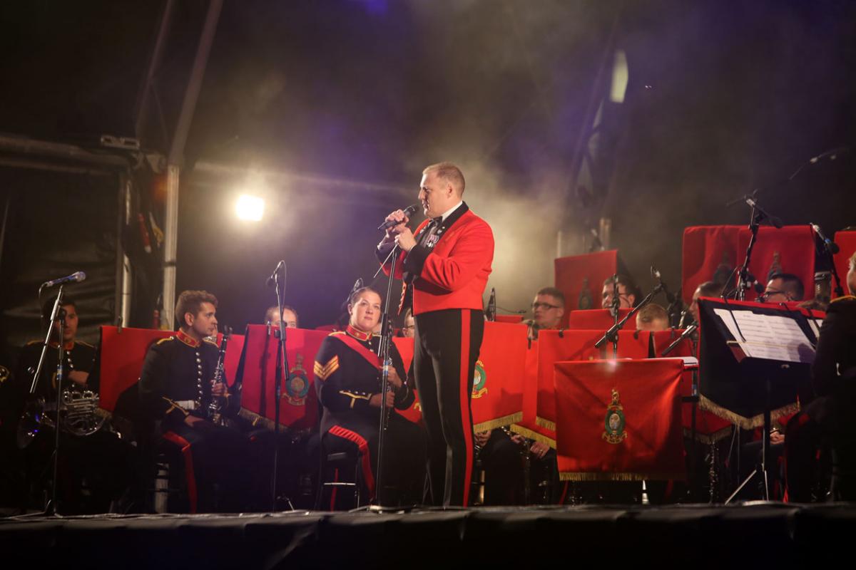 The HM Royal Marine's Band Collingwood perform at Boscombe Pier as part of the Night Air for Bournemouth Air Festival. 
