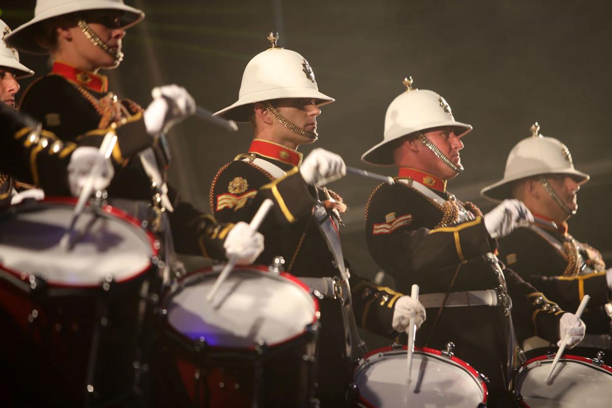 The HM Royal Marine's Band Collingwood perform at Boscombe Pier as part of the Night Air for Bournemouth Air Festival. 
