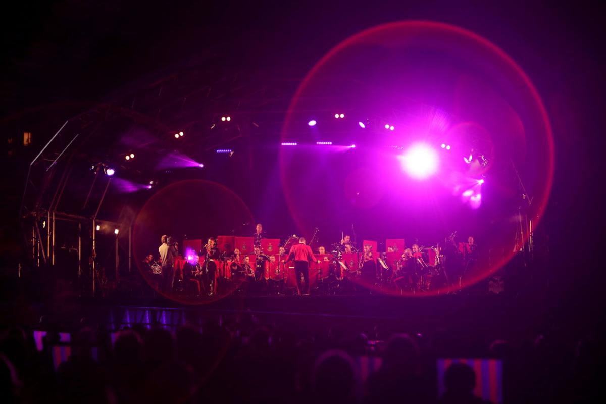 The HM Royal Marine's Band Collingwood perform at Boscombe Pier as part of the Night Air for Bournemouth Air Festival. 
