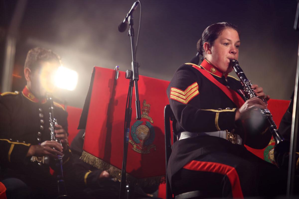 The HM Royal Marine's Band Collingwood perform at Boscombe Pier as part of the Night Air for Bournemouth Air Festival. 
