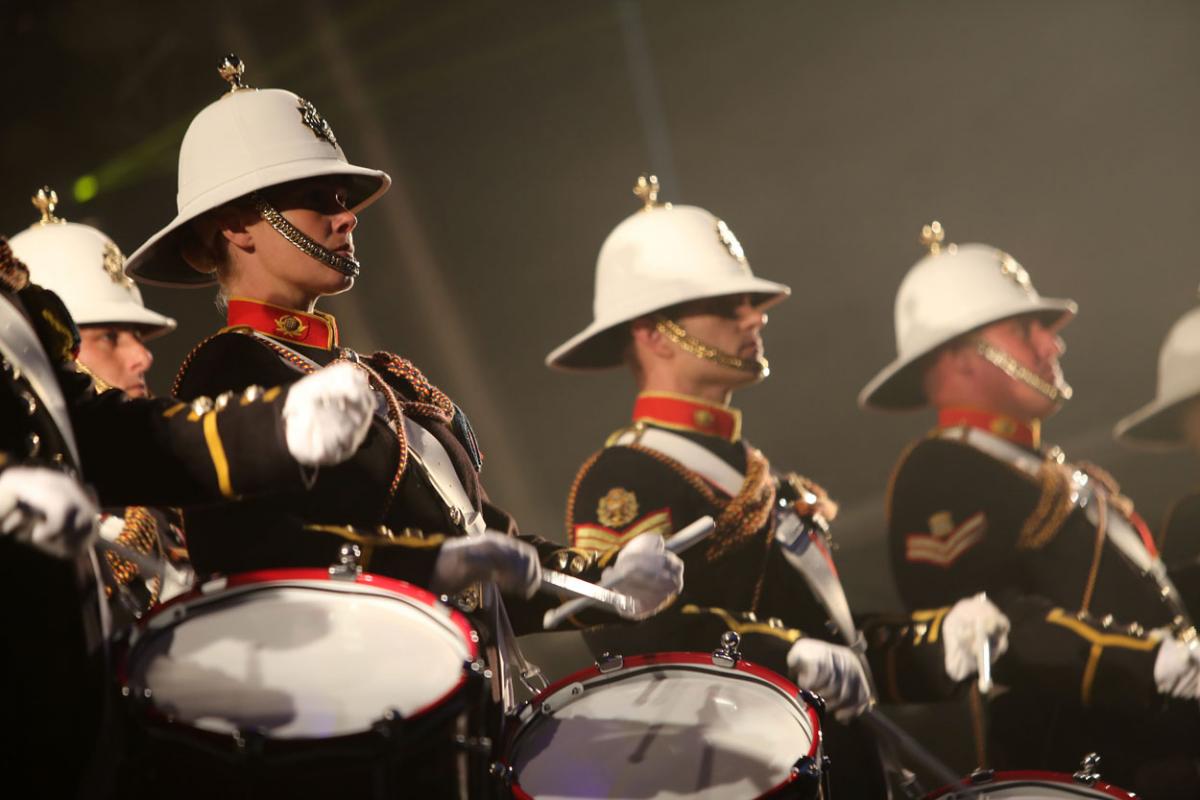 The HM Royal Marine's Band Collingwood perform at Boscombe Pier as part of the Night Air for Bournemouth Air Festival. 
