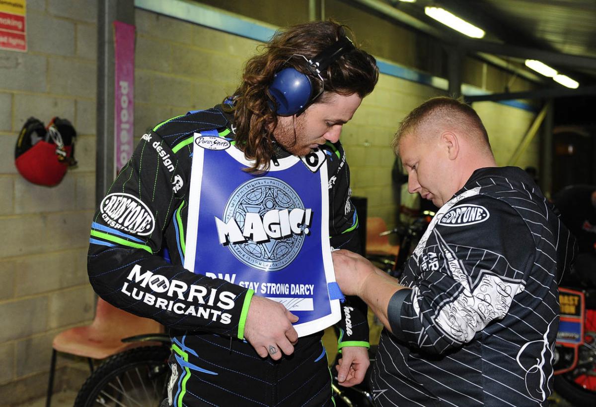 Fellow riders and speedway fans gather to support Darcy Ward at his benefit speedway  meeting  Team Magic v Team Monster at Poole Stadium 7th October 2015. Picturse by Denis Murphy